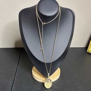 Vintage Oval Pearl Crystal Shaker Pendant  Long Rope Chain Necklace Gold Tone